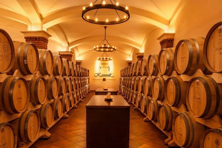 Rows of wooden wine barrels line a warmly lit, atmospheric cellar at Chateau Kamnik.